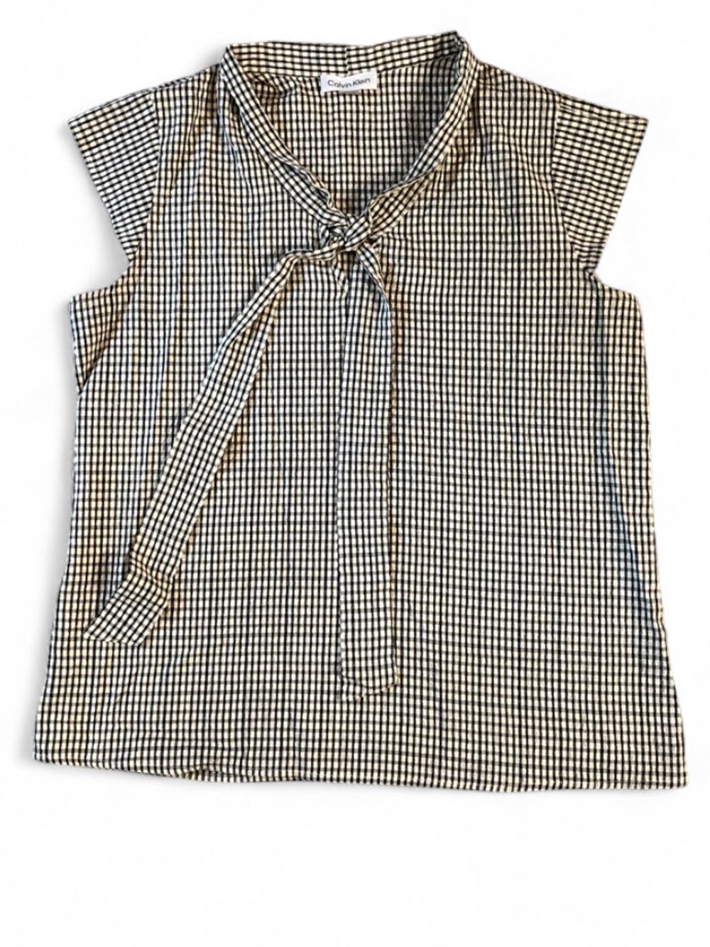 Calvin Klein size small Black & White Gingham Tie-Neck Cap Sleeve Top